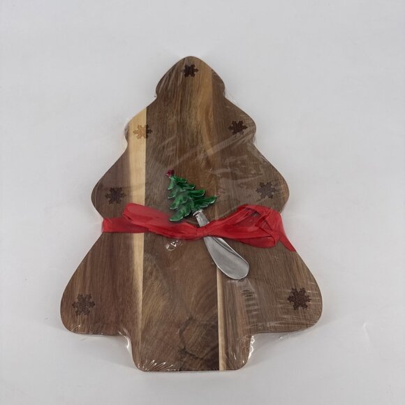 Holiday Time Christmas Tree Shaped Acacia Wood Serving Board w Matching Spreader - Picture 1 of 6